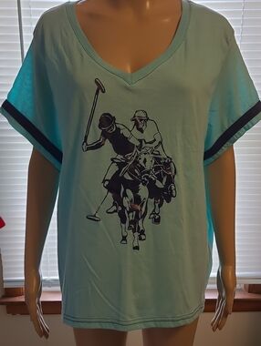 U.S. POLO ASSN. Aqua Blue V-Neck Polo Graphic Tee Shirt W/Navy Piping.  SIZE 3X.
